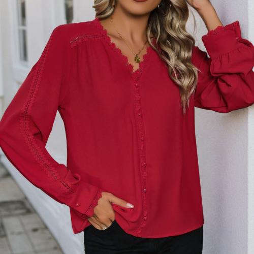 Poliéster Mujer camisa de manga larga, Sólido, rojo,  trozo