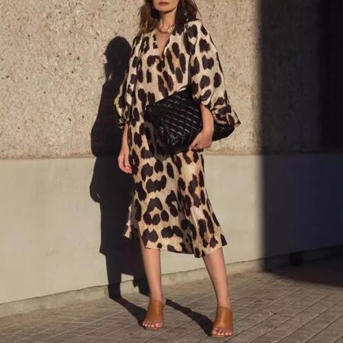 Polyester One-piece Dress deep V & loose printed leopard PC