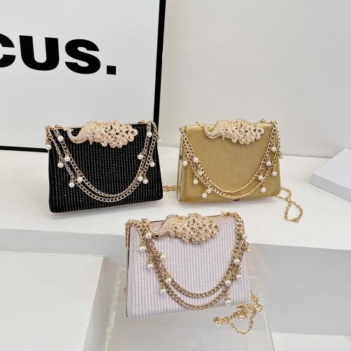 PU Leather & Plastic Pearl hard-surface Clutch Bag attached with hanging strap & with rhinestone Solid PC