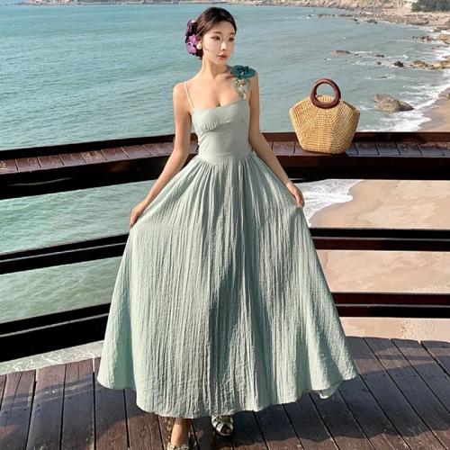 Super Fairy Big Swing Shows White Blue Green Atmosphere Temperament Strap Tube Top Long Dress Seaside Holiday Beach Dress