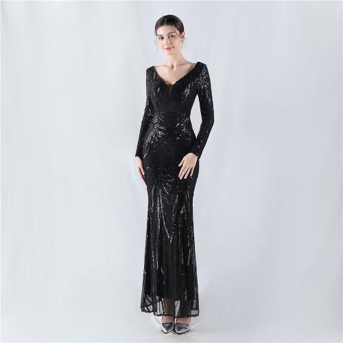 New high-end beads long sleeve evening dress winter annual meeting host