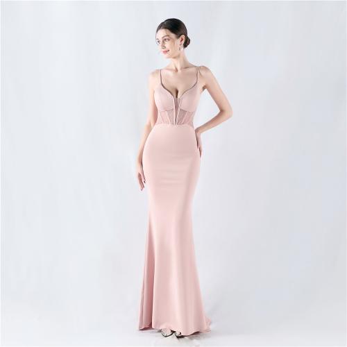 New Heavy Industry Fishbone Vest Shaping Mesh Hot Drilling Sling Hip Fishtail Evening Dress